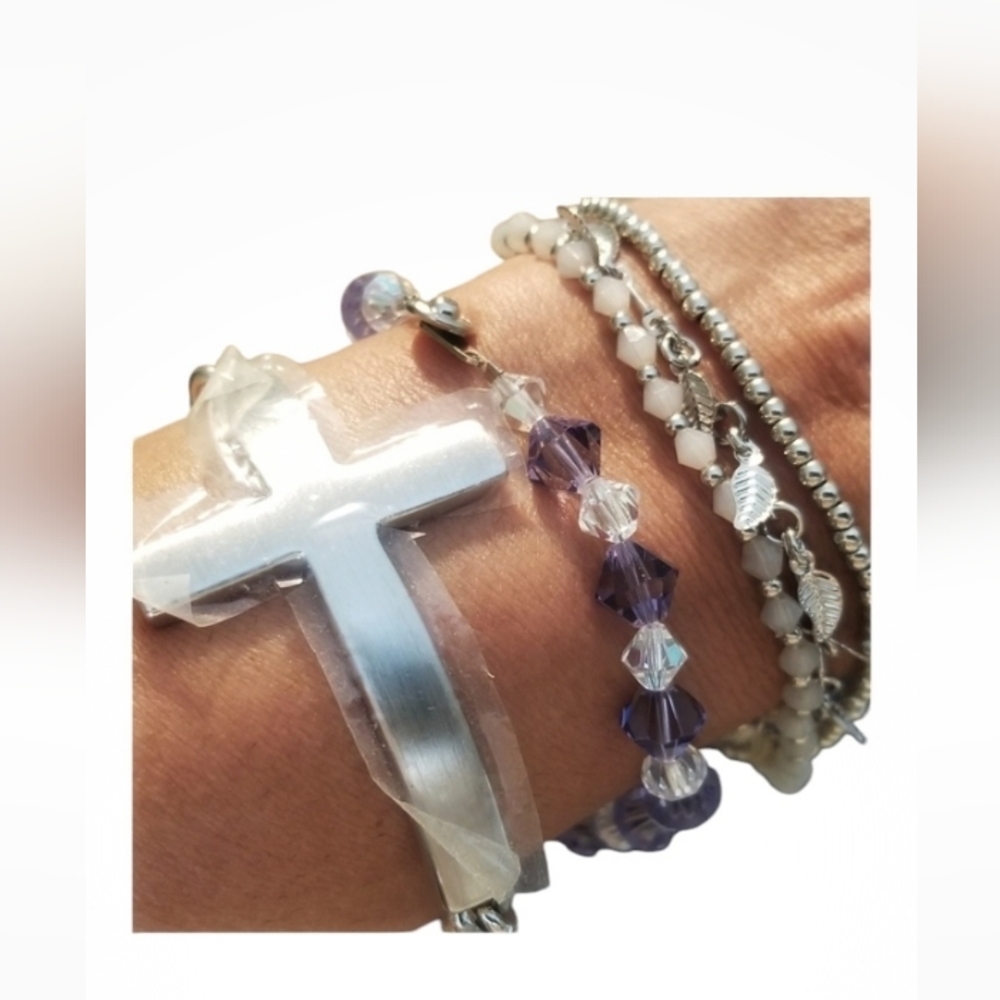 Multi-Strand Bracelet Set with Large Cross Purple Crystals & Silver